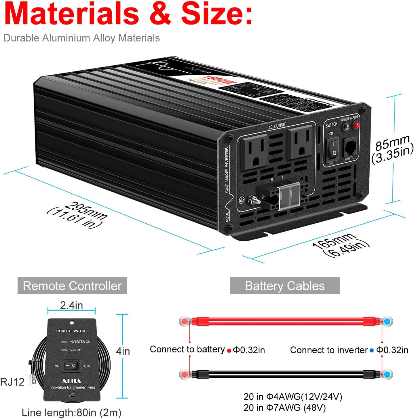 Xijia 1500W(Peak Power 3000W) Pure Sine Wave Solar Power DC 12V Inverter AC 120V 60HZ Solar Converter for Home Use car (DC12V (Range 10V-15V) 1500W)