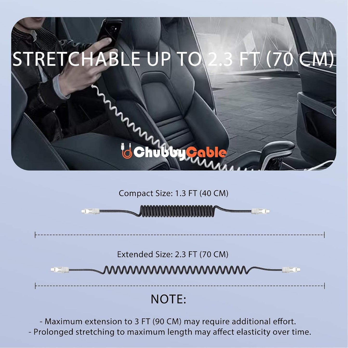 chubbycable Curly Chubby - Retractable Fast Charging Cable 240W Coiled Charger Cord for Car Durable USB-C Cable for Phones, Tablets and More, Dark Blue+Dark Blue, USB-A to Type-C, 1.3FT-2.3FT