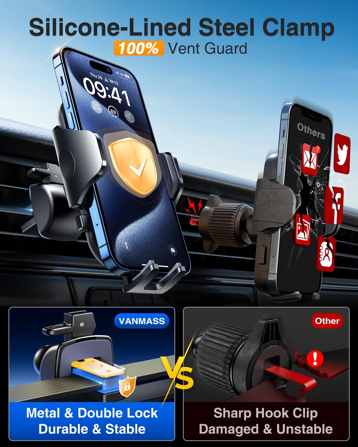 VANMASS Car Phone Holder 2025 Military-Grade Phone Holder for Your Car Windshield Dashboardใ 65 Lbs Strongest SuctionใใPatent & Safety Certsใ Universal Cell Phone Car Mount for iPhone Samsung Android