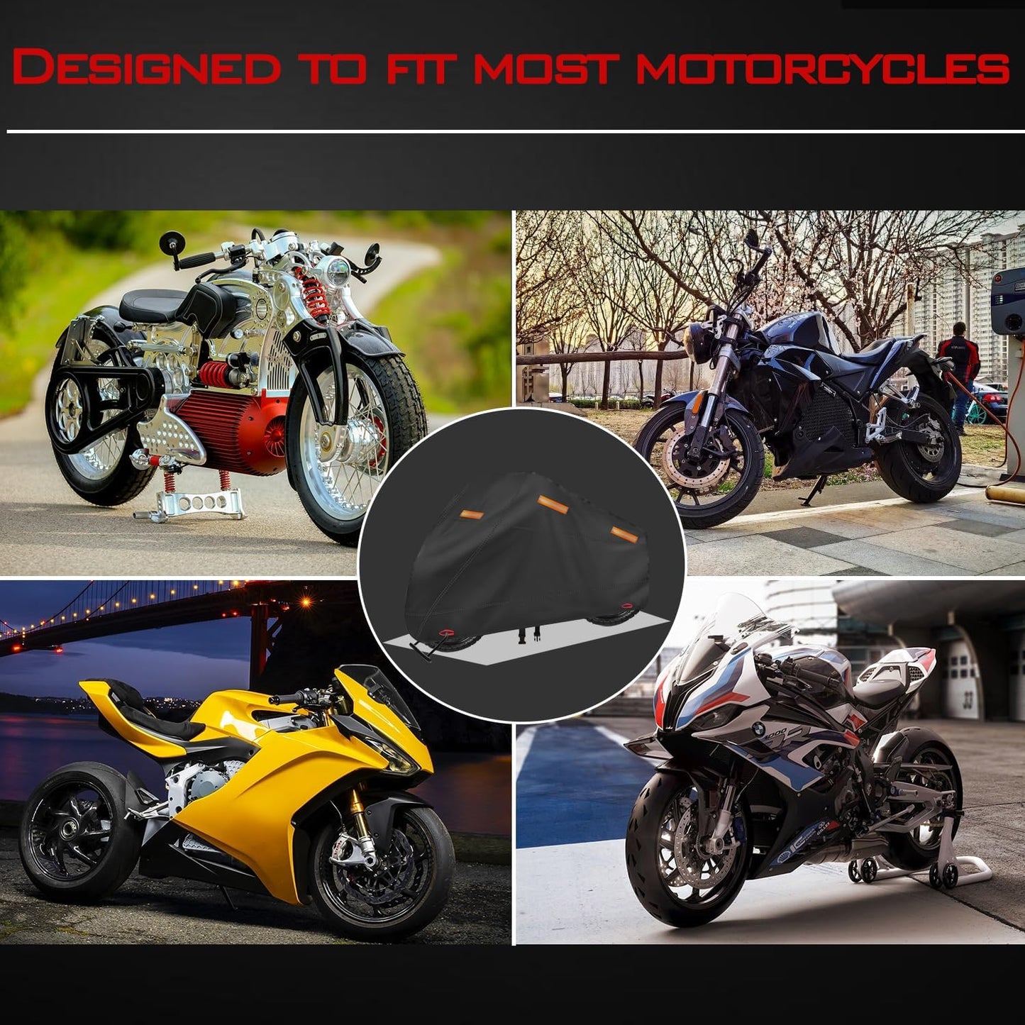 Motorcycle Cover, Heavy Duty 600D Oxford, Waterproof Outdoor, Weather Resistant, Rip-Proof, Anti-UV with 5 Reflective Strips, 2 Lock-Holes, 1 Windproof Strap, 1 Storage Bag (116" x 41" x 50")