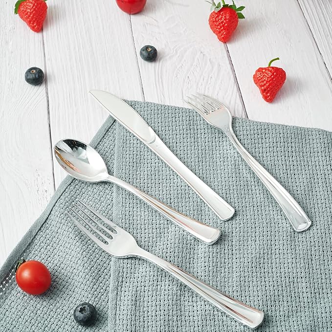 FOCUSLINE 300 Pack Disposable Silver Plastic Forks, Solid and Durable Plastic Cutlery Forks, Heavy Duty Disposable Utensil Silverware for Catering, Parties, Dinners, Weddings