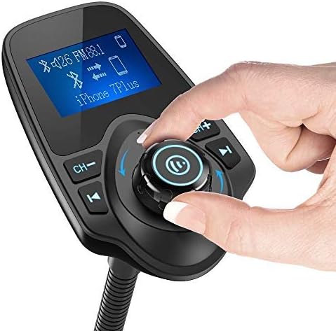 Nulaxy Bluetooth Car FM Transmitter Audio Adapter Receiver Wireless Handsfree Voltmeter Car Kit TF Card AUX 1.44 Display - KM18 Black Matte