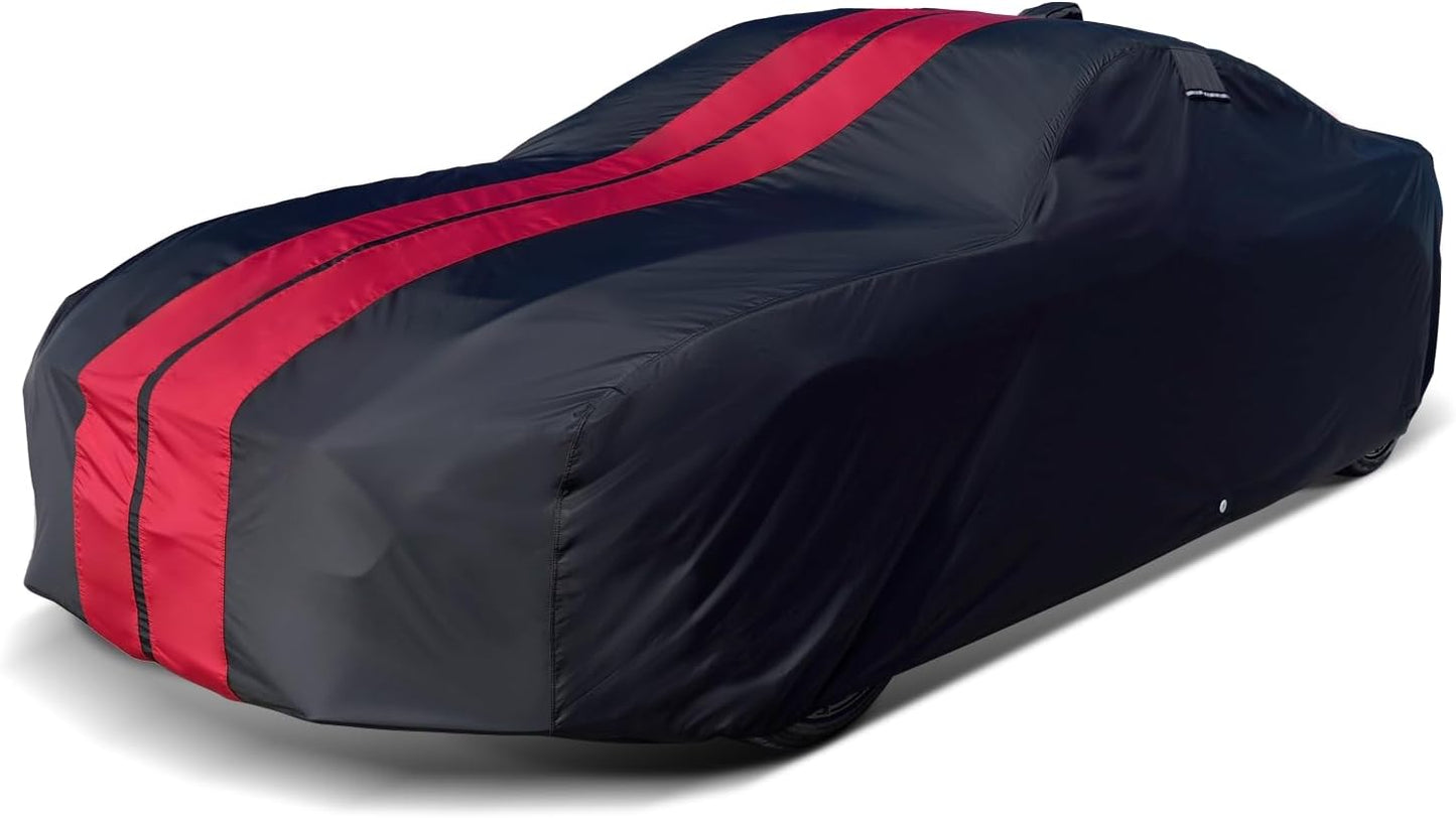 iCarCover Custom Car Cover for 1983-1996 Chevy Corvette C4 Waterproof All Weather Rain Snow UV Sun Protector Full Exterior Indoor Outdoor Car Cover (Stripe - Black/Red)