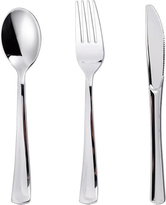 N9R 120PCS Silver Plastic Silverware, Silver Plastic Cutlery Set Disposable Flatware Dinnerware -60 Forks, 30 Spoons, 30 Knives for Wedding, Party, Birthday and Daily Use