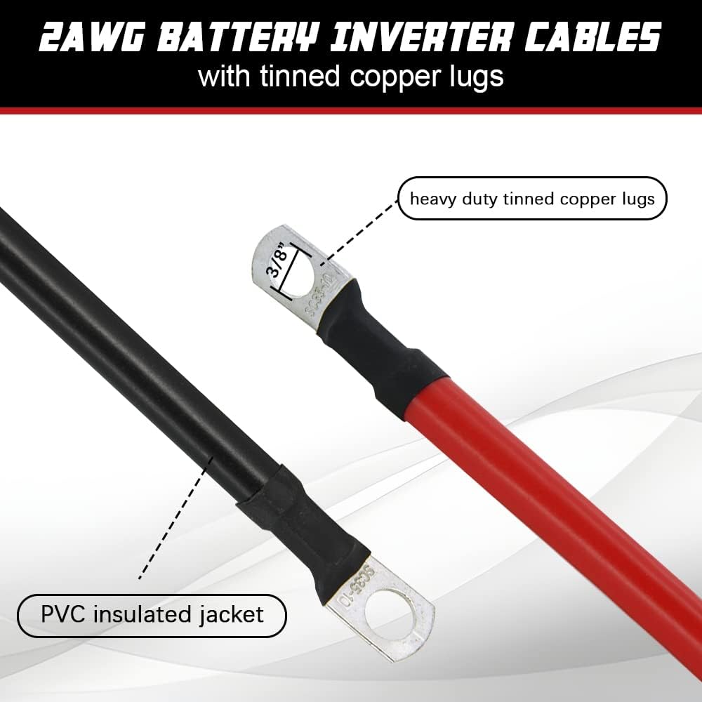 A ABIGAIL 2 AWG Battery Cable 2AWG Gauge Pure Copper Battery Inverter Cables with 3/8 in Lugs Both Ends Power Inverter Wire Set for Automotive Solar Marine Boat RV Car Motorcycle Red and Black (2FT)