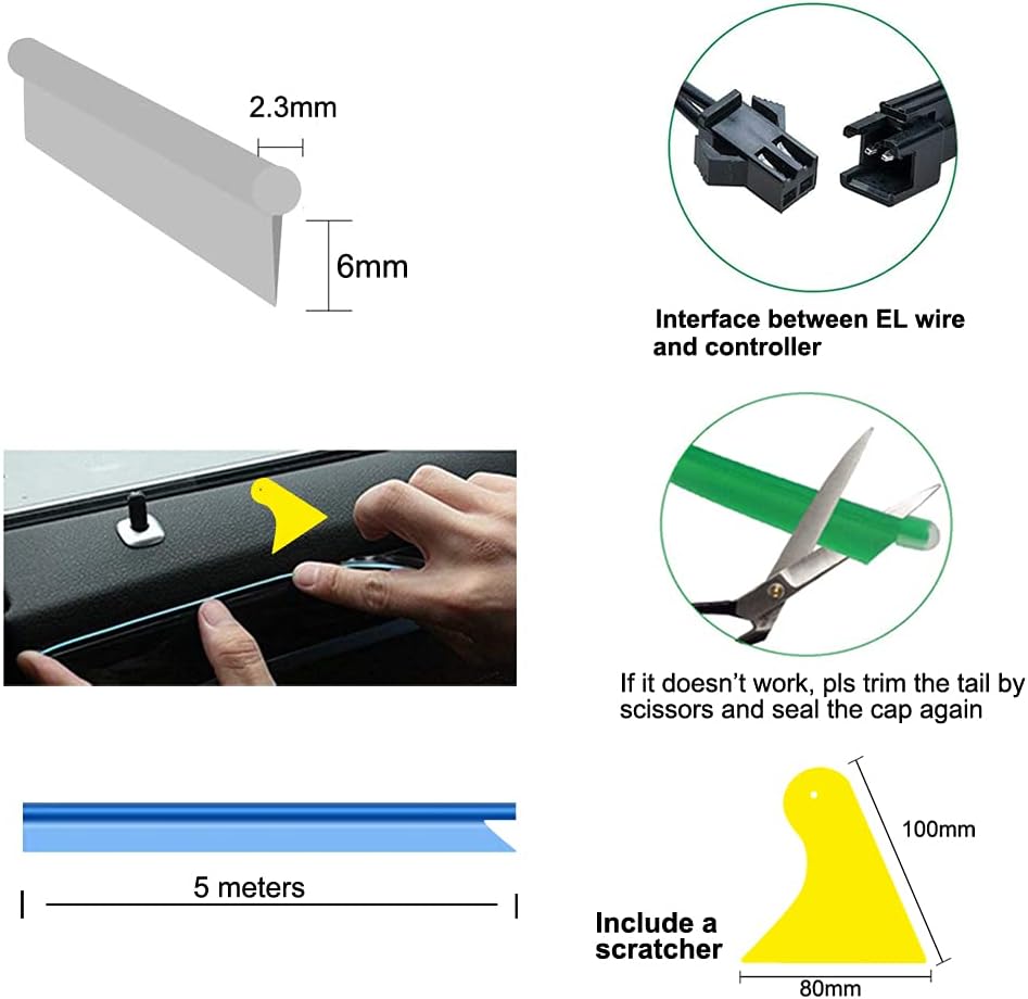 El Wire Lemon Green Interior Car LED Strip Lights, 5M Neon Wire USB 5V with Fuse Protection for Automotive Interior Decoration, with 6mm Sewing Edge