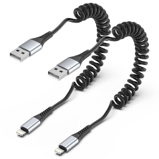 Coiled Lightning Cable, 2 Pack Retractable iPhone Charger Cord for Car, USB to Lightning Cable Fast Charging Compatible with iPhone 14 13 12 11 Pro Max Mini 10 8 Plus XR SE, AirPods