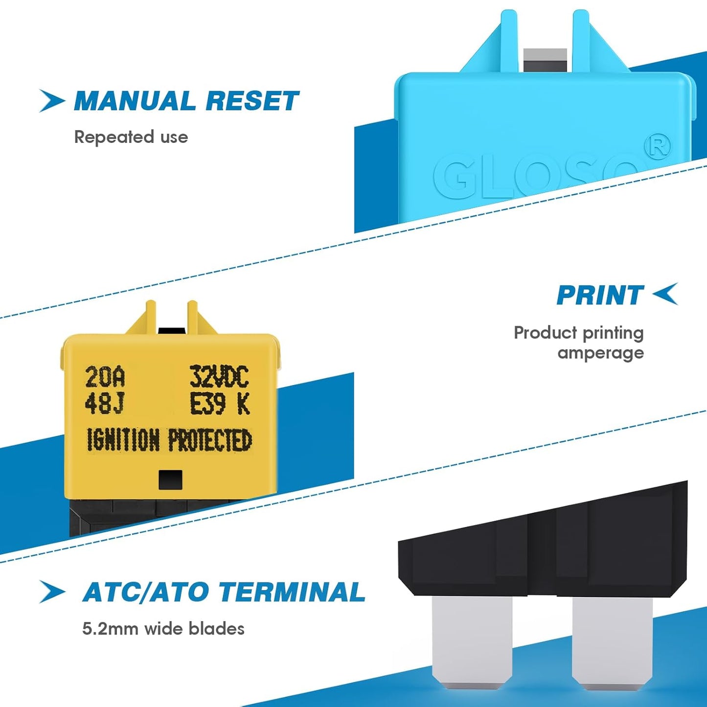 GLOSO Circuit Breaker E39 (T3) Manual Reset Fuse for Car Truck RV Automotive Marine Boat Trolling motor & Custom Wiring Audio battery protection/Low Profile ATC/ATO (6A - 5 Pack)