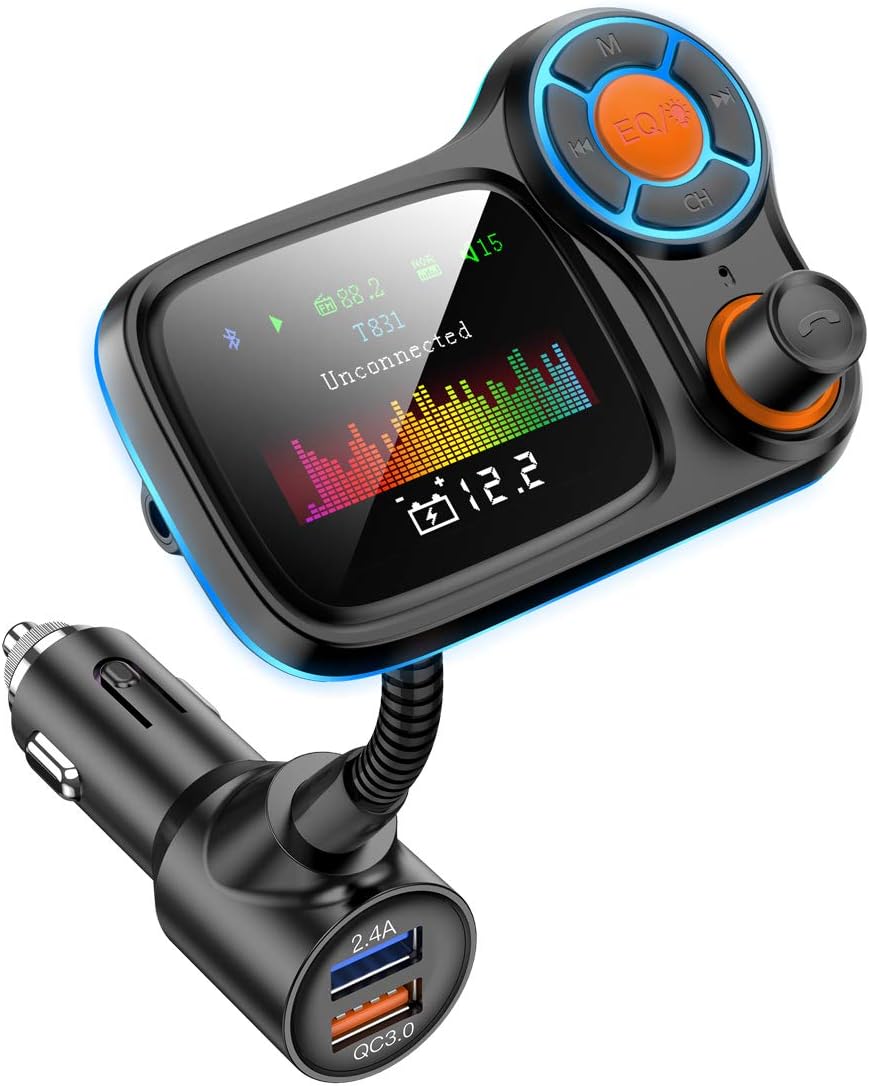 TSNAM Wireless Car Bluetooth Adapter,Radio FM Transmitters HandsFree Call Receiver and MP3 Music/APP Audio Play,QC3.0 and Smart 2.4A Dual USB Charger,1.8" Color Display,Aux Port,TF Card