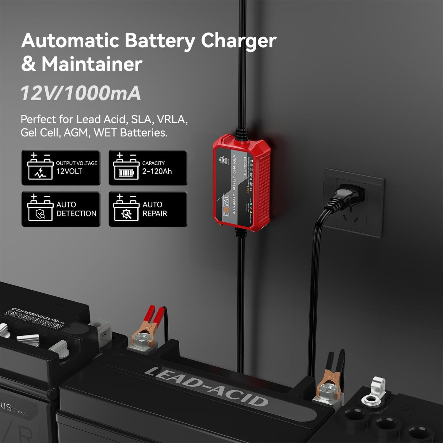 [4-Pack] FOVAL Fully Automatic Trickle Battery Charger, 1000mA 12V Smart Car Battery Charger, Battery Maintainer, Float Charger for Motorcycle Car Lawn Mower Boat ATV Cell Lead Acid Batteries