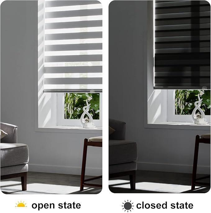 Persilux Cordless Zebra Blinds for Windows Free-Stop Window Shades (34" W X 47" H, Grey) Dual Layer Light Control for Day and Night, Light Filtering Sheer Shades for Home, Easy to Install