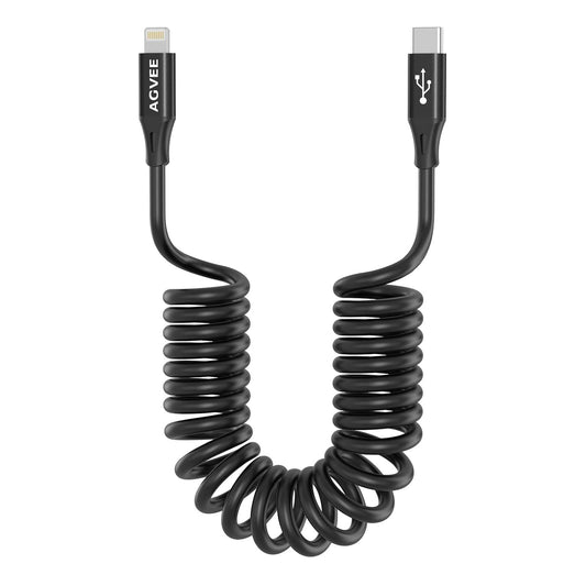 AGVEE 2 Pack 5ft Coiled Short USB-C to Lightning Charging Cable [MFI Certified] 30W PD Fast Charger Cord in Car for iPhone 14/13/12/11/XS/8/7/6/5 CarPlay, iPad, iPod, Black