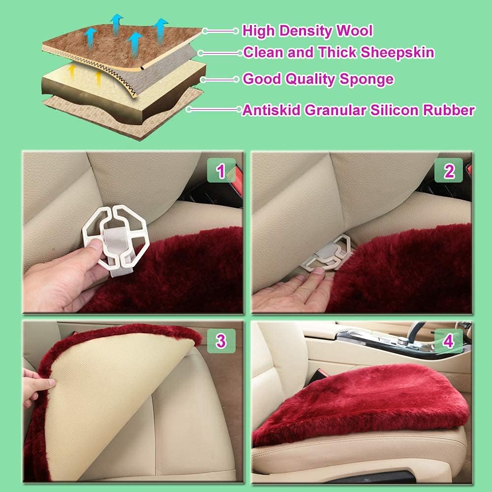 Fluffy Genuine Australia Sheepskin Car Seat Cover for Auto Interior Accessories with Soft Fuzzy Wool Eco-Friendly Natural Fur Non-Slip (Teak, Front)