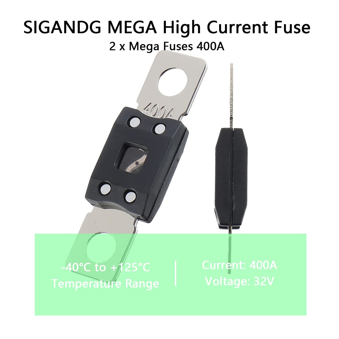 400A MEGA High Current Fuse - 400 Amp Bolt-on Fuse for Cars, Trucks, Construction Vehicles, Buses, Caravans (2 Pcs)