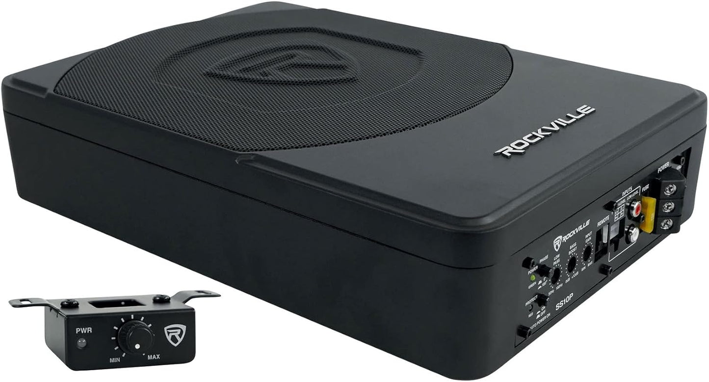Rockville SS10P 800W Slim Under-Seat Active Car/Truck Subwoofer, Built-in Amp, Wired Remote Bass Knob, Cast Aluminum, for Car Audio Upgrades