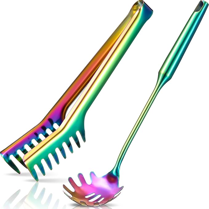 Patelai 2 Pcs Stainless Steel Pasta Spoon with Teeth Large Spaghetti Utensil, 9.4'' Tong and 13.6'' Pasta Fork with Vacuum Handle, Comfortable Grip Design Spoons for Kitchen(Colorful)
