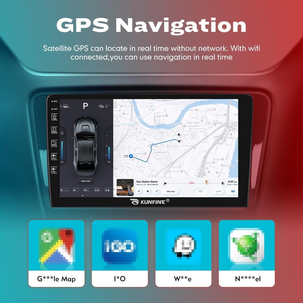 Kunfine Car CarPlay Android Auto Navigation Stereo GPS Radio Reverse Camera Display 9" IPS Touchscreen Headunit Tablet Pad Media Player For Peugeot 301 13-22 if Applicable Quad Core 4G+64G Matte Black
