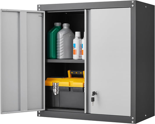 LUCYPAL Garage Wall Cabinet,Metal Wall Storage Cabinet with Adjustable Shelf and Locking Doors,Floating Utility Cabinets for Warehouse/Basement/Kitchen (Black&Grey,27.95" H)