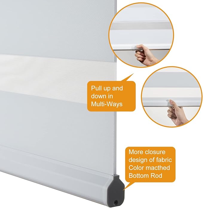 Persilux Zebra Blinds Cordless, Zebra Roller Shades for Windows (61" W x 72" H, White) Light Filtering Day and Night Window Drapes Sheer Shades for Home, Bedroom and Sliding Door Easy to Install
