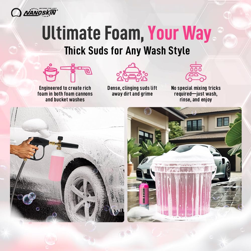 Nanoskin WASH N' WAX with Carnauba 16 Oz. - Cleans & Shines in One Step | Works with Foam Cannon, Foam Gun, Bucket Washes, Pressure Washer | Carnauba Wax Protection for Cars
