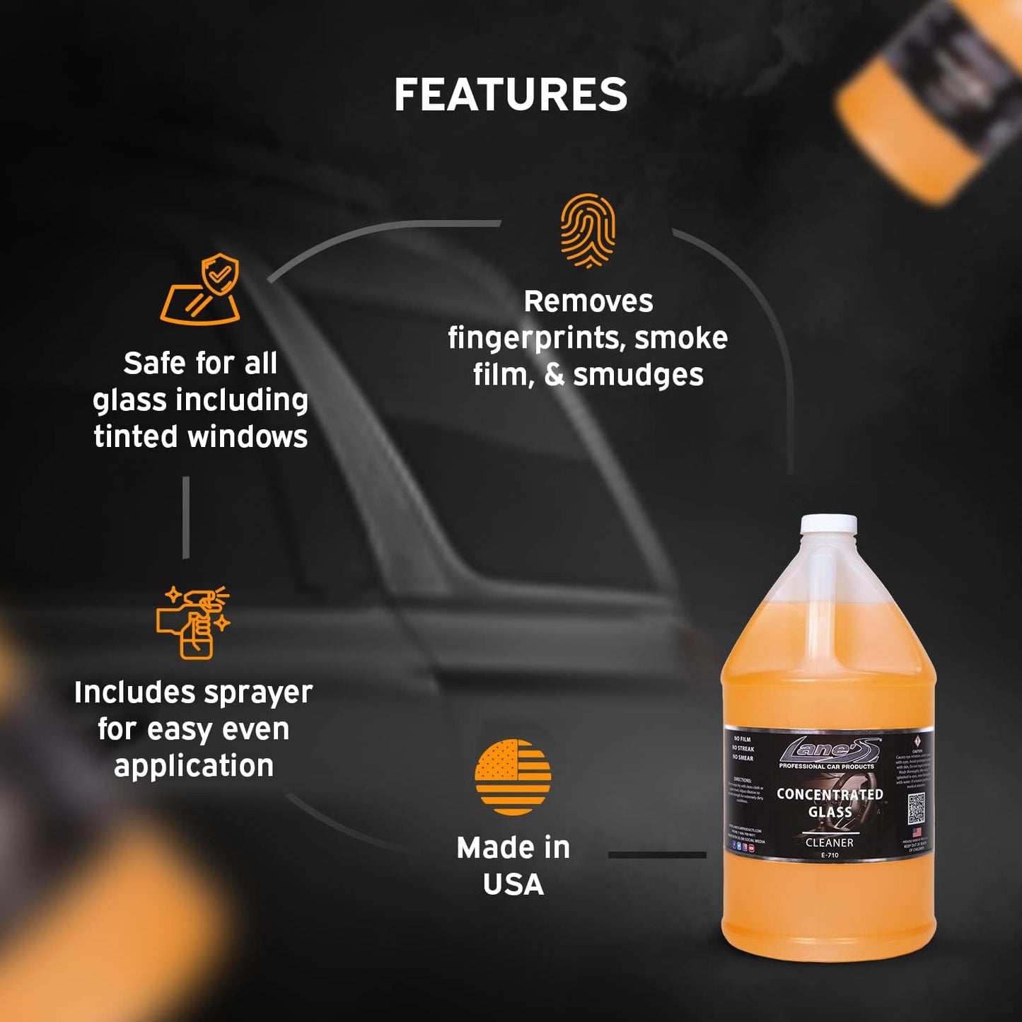 LANE'S Concentrated Auto Glass Cleaner- Window Cleaner, Windshield Cleaner- Removes Smoke Film, Fingerprints, and Smudges, Safe for All Glasses- 128 oz