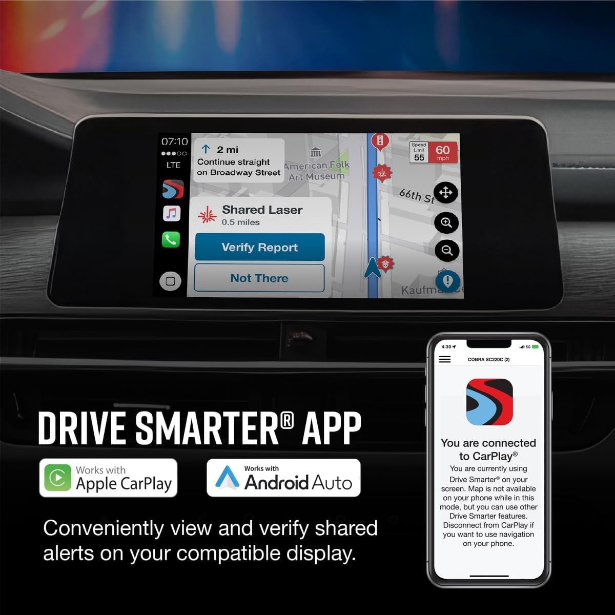 Cobra SC 201 Smart Dash Cam and 2.5A OBDII Port to Micro-USB Hardwire Kit: Front View Camera with Full HD 1080P Resolution, Built-in WiFi & GPS, Live Alerts Through Drive Smarter App