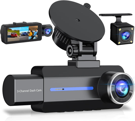 Dash Cam Front and Rear 2.5K/1440P, 3 Channel Dash Camera for Cars Dash Cam Front Rear and Inside with 32GB Card, 3.16" IPS Screen, G-Sensor, Loop Recording, Night Vision, Parking Mode