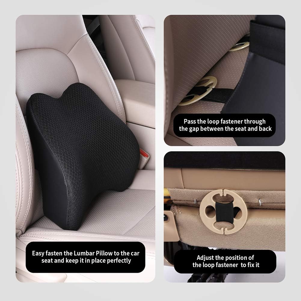 Memory Foam Lumbar Support Pillow for Car - Back Support for Car Seat (Black)