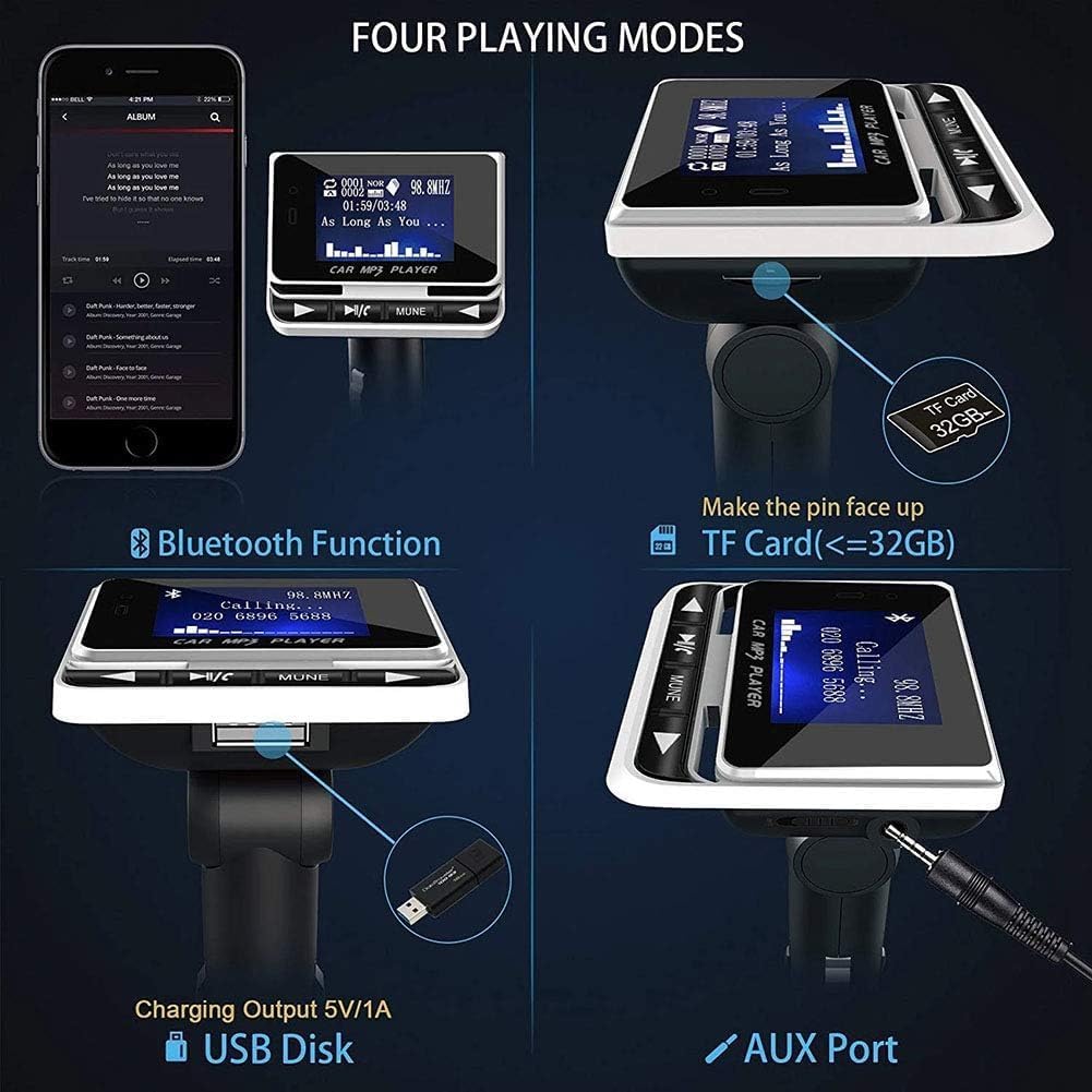 Bluetooth FM Transmitter for Car, Wireless Car Radio Adapter, Handsfree Auto Kit with Remote Control, MP3 Music Player Support USB Charger Siri Google Assistant U Disk/TF Card/Aux