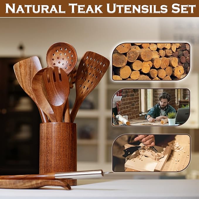 10PCS Wooden Spoons for Cooking, Spoons and Spatula Non Stick Set with Stainless Steel Handle, Teak Wooden Utensils Set with Holder & Spoon Rest, Kitchen Utensils for Non-Stick Cookware