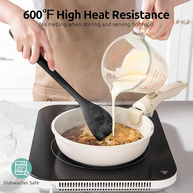 600ºF Heat Resistant Silicone Spoon: U-Taste 13.3in Solid Kitchen Cooking Spoon, Nonstick Food Grade Large & Long Soup Rubber Utensil for Mixing, Serving, Stirring, Basting, for Pot Cookware (Black)