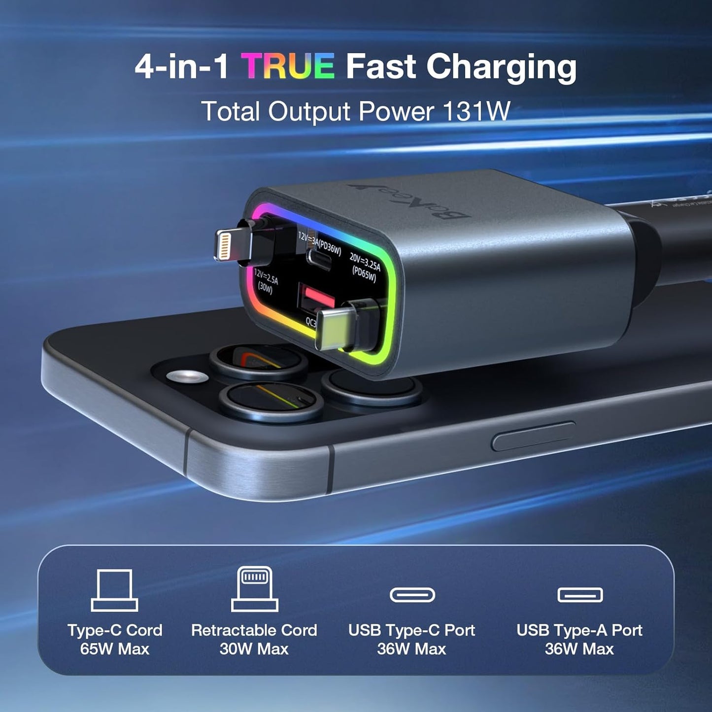 Retractable Car Charger 4 in 1, 131w Cigarette Lighter Adapter USB C, Type C Retractable Fast Charging Car Charger Adapter Multi Port for iPhone16/15/14/13/12/11, Samsung and More