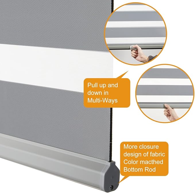 Persilux Cordless Zebra Blinds for Windows Shades (35.5" W x 64" H, Grey) Dual Layer Fabric Light Control for Day and Night Room Darkening Sheer Roller Shades for Home, Bedroom and Office
