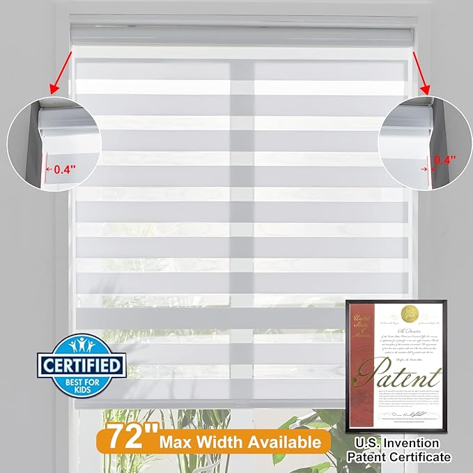 Persilux Cordless Zebra Roller Window Shades Free-Stop Roller Blinds (36" W X 64" H, White) Light Control for Day and Night, Light Filtering Sheer Roler Shades for Windows, Easy to Install