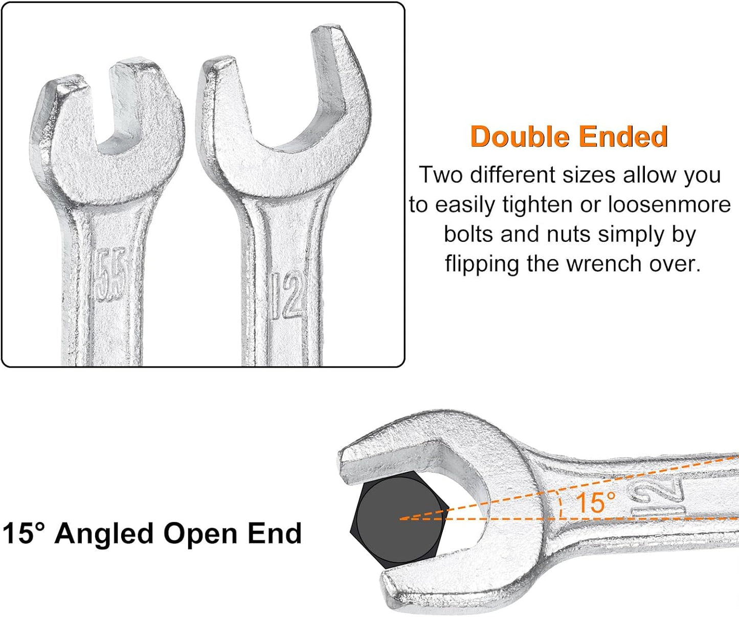 HARFINGTON 2pcs Double Open End Wrench 13mm x 16mm Metric 15 Degree Offset Angle Small Flat Head Wrench Galvanizing Open Ended Spanner for Automotive Repair Furniture Assembly