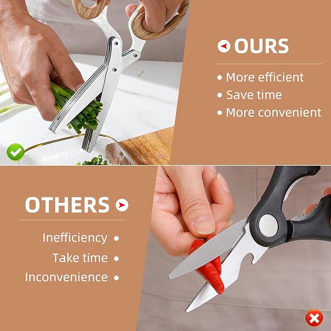 2025 New Herb Scissors Set - Wood Grain Pattern 5 Blades with Cover and Comb - Skin-Friendly Handle, Delicate Grip - Dishwasher Safe, Anti-Rust Stainless Steel for Cutting Fresh Garden Herbs