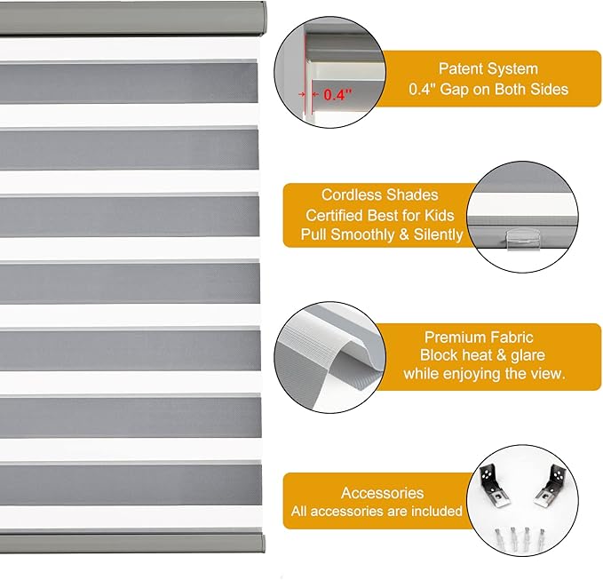 Persilux Cordless Zebra Blinds for Windows (45" W X 64" H, Grey) Free-Stop Dual Layer Roller Windows Shades for Day and Night, Light Filtering Sheer Shades for Home, Easy to Install