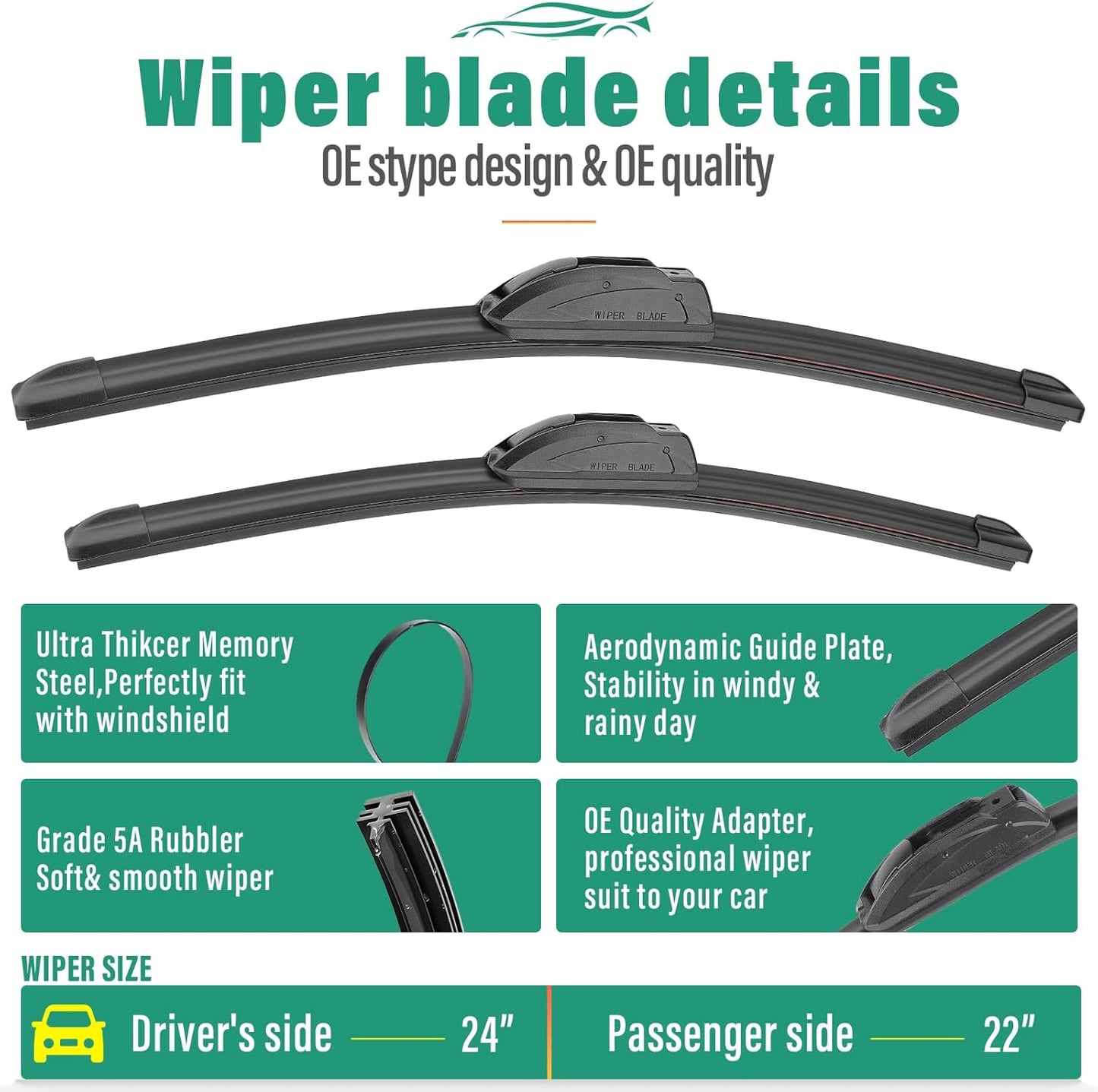 24" 22" 12" Windshield Wiper Blades Replacement for Ford Flex 2009-2019 Premium All Weather Front Rear Wipers Set - OEM Quality (Pack of 3)