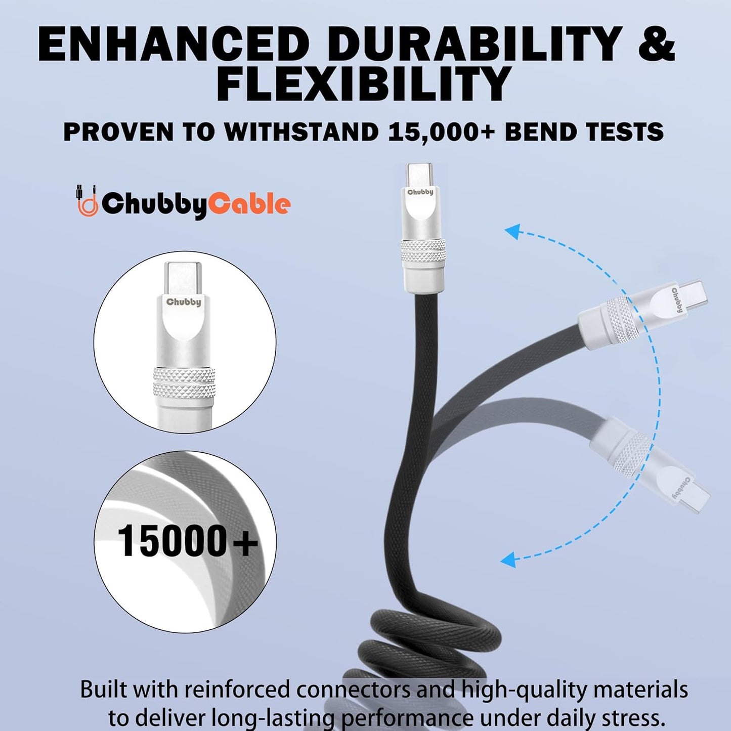 chubbycable Curly Chubby - Retractable Fast Charging Cable 240W Coiled Charger Cord for Car Durable USB-C Cable for Phones, Tablets and More, Light Blue, USB-A to Type-C, 1.3FT-2.3FT