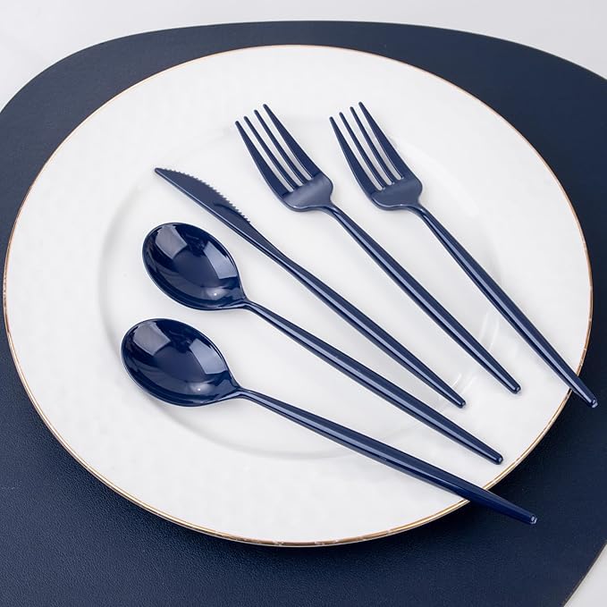 Supernal 180pcs Blue Plastic Silverware Heavy Duty Blue Party Disposable Cutlery Plastic Forks and Spoons Disposable Utensils Include 60 Forks,60 Knvies,60 Spoons for Wedding,Party or Daily Using