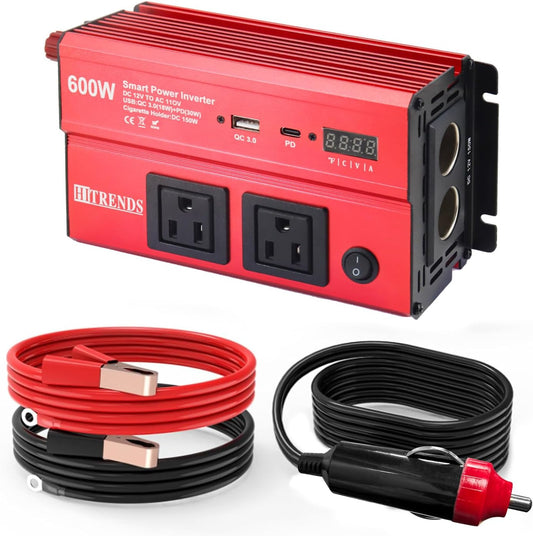 HITRENDS 600W Inverter for Car Power Inverters, 12V DC to 110V AC Converter with 3.0 A USB & PD 30W Type-C Port & 2 AC Outlets, 12 Volt Battery Inverter Car Cigarette Lighter for RV Truck