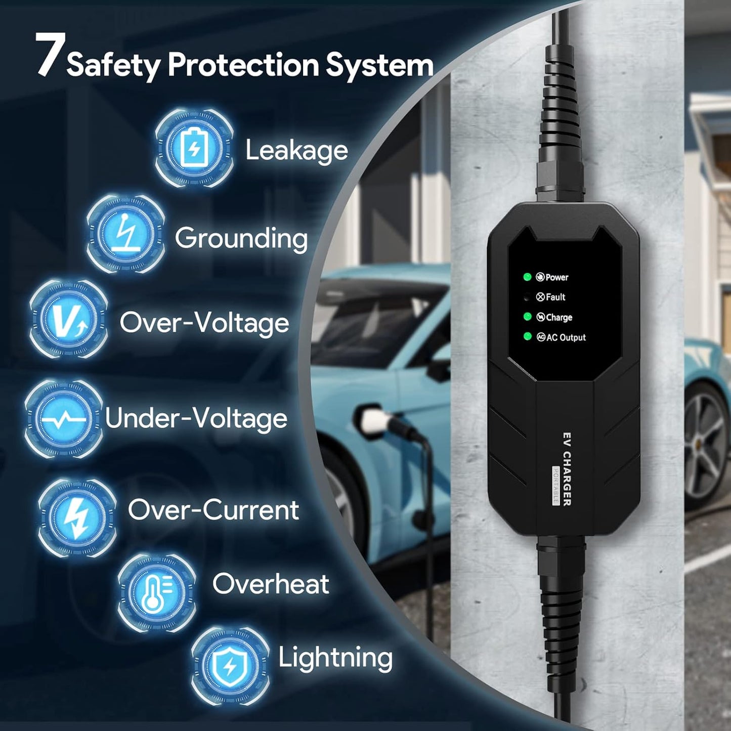 Skysword Ⅱ Level 1 EV Charger (110V, 16A, 25ft), EVSE Home Electric Vehicle Portable Charging Station (NEMA 5-15 Plug)