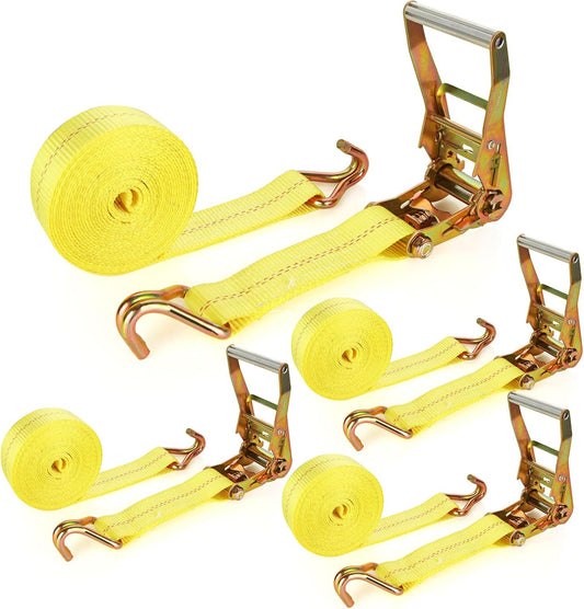 4 Pack 2 Inch Ratchet Straps Heavy Duty 16ft Tie Down Straps Ratchet with Double J Hook, 10000 LBS Break Strength, Cargo Ratchet Straps for Moving, Truck, Trailers, Motorcycles, Kayaks, Car Roof