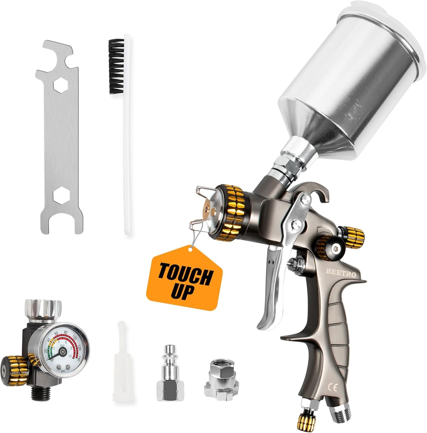BEETRO HVLP Touch Up Mini Air Spray Gun for Clearcoats 1.0mm Stainless Steel Nozzle 150ml Capacity 7.0CFM 22psi with Type 2 Adapter Air Control Valve and Filter Professional