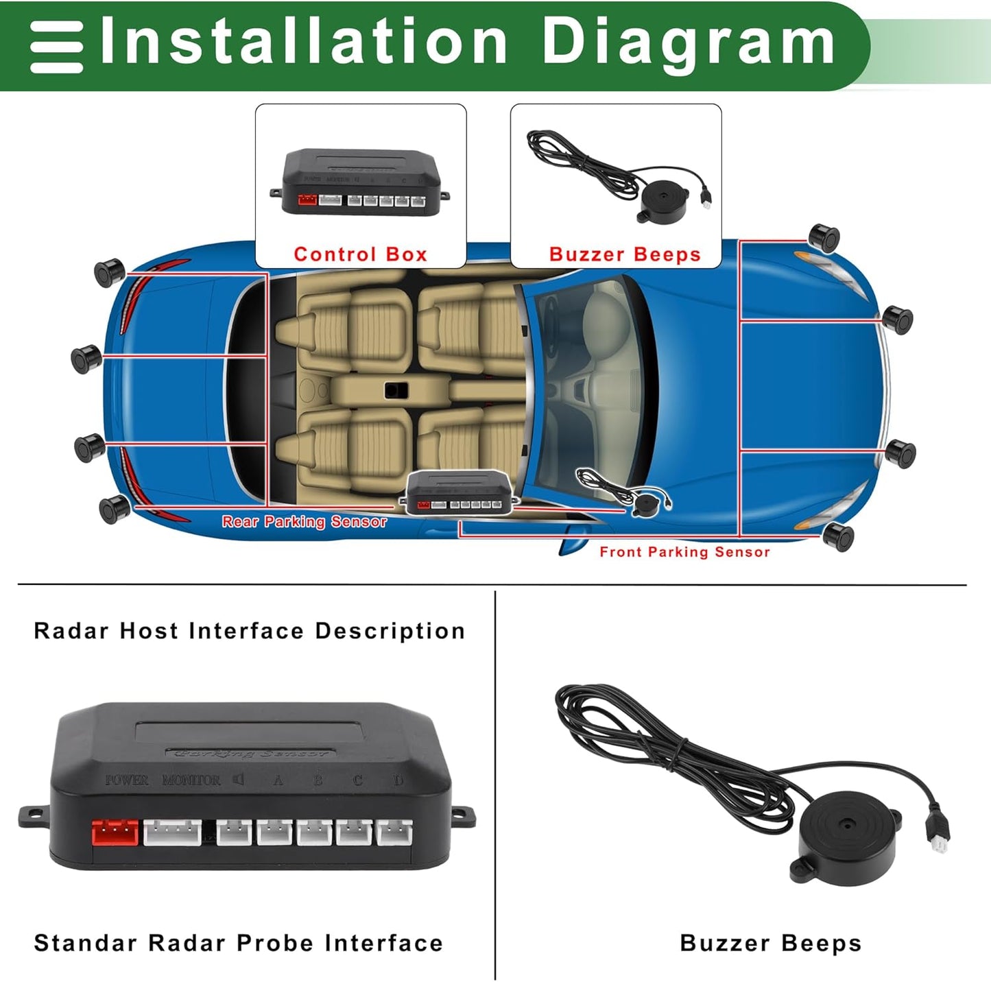Motoforti Universal Car Auto Vehicle Reverse Backup Radar System Reverse Parking Sensors Alarm Buzzer Reminder Distance Detection Black 2 Parking Sensors