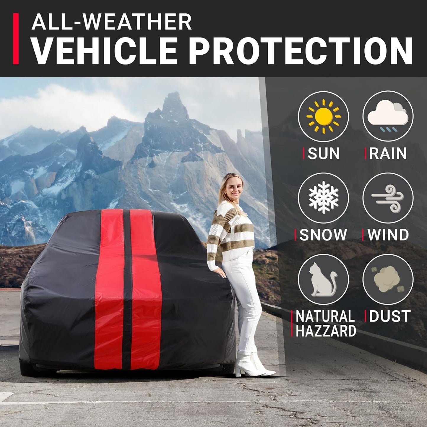 iCarCover Custom Car Cover for Buick Park Avenue (1991-1996) Waterproof All-Weather Rain Snow UV Sun Protector Full Exterior Indoor Outdoor Car Cover (Stripe - Black/Red)