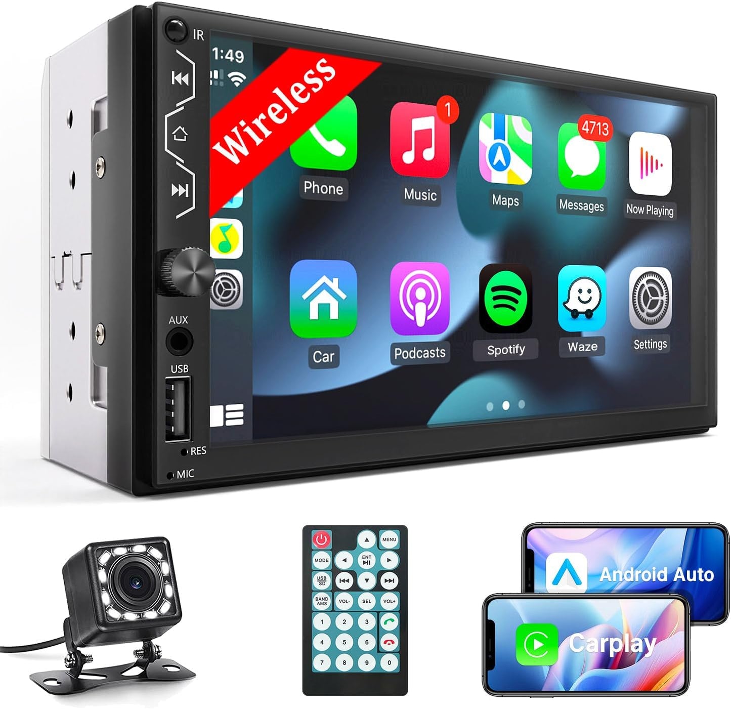 Double Din Car Stereo with Wireless Carplay and Wireless Android Auto,7 Inch Full HD Touchscreen Car Stereo Receivers Support Mirror Link,Bluetooth, Backup Camera,Steering Wheel,FM/USB/AUX/Subwoofer