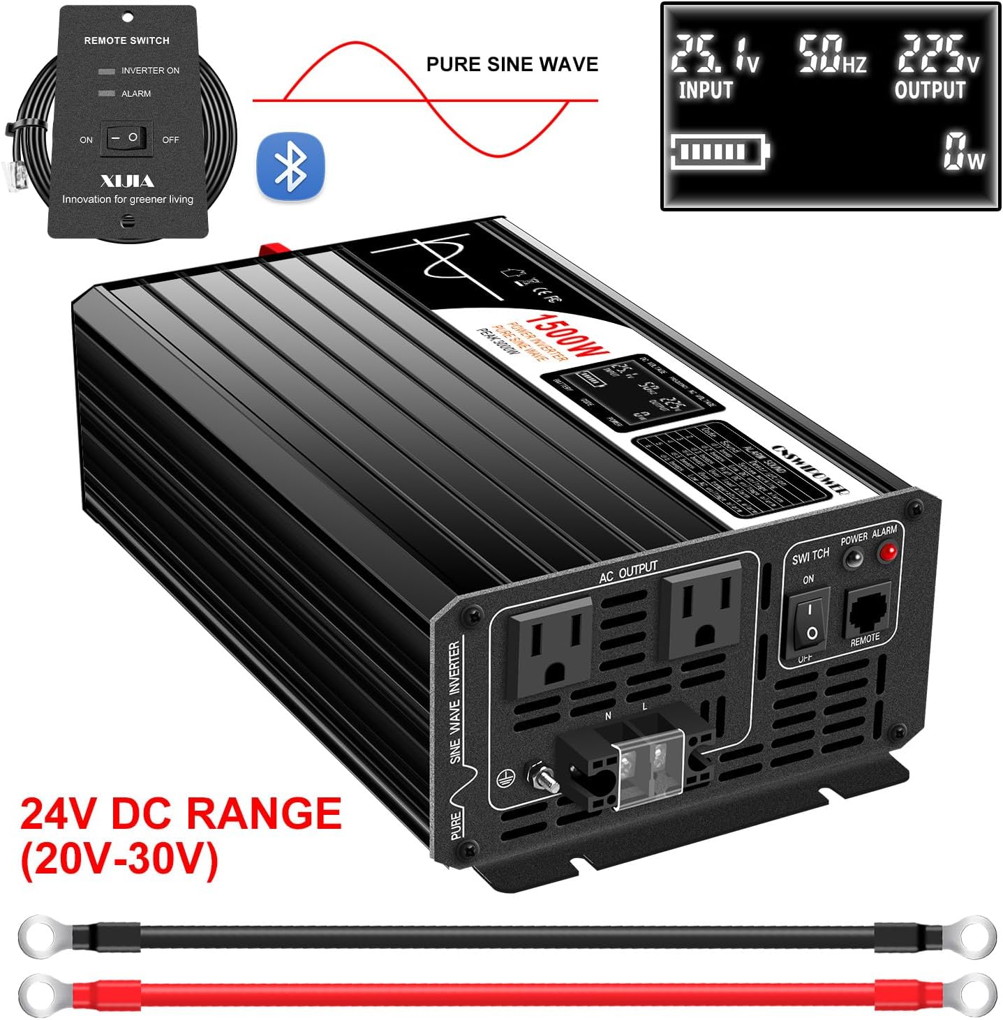 Xijia 1500W(Peak Power 3000W) Pure Sine Wave Solar Power DC 24V Inverter AC 120V 60HZ Solar Converter for Home Use car (DC24V (Range 20V-30V) 1500W)