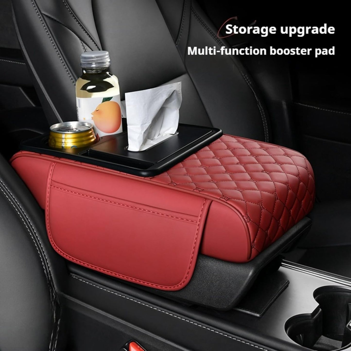 Center Console Cover Organizer, 5-in-1 Arm Rest Cover for Car with Cup Holder & Storage Pocket & Tissue Holder, Armrest Cover Cushion Pad, Grid, Grey