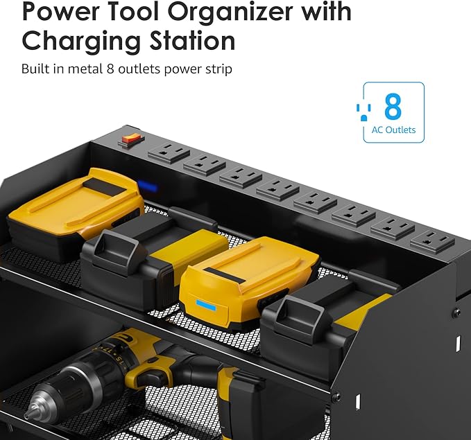 CCCEI Modular Power Tool Organizer Wall Mount with Charging Station. Garage Drill Storage Shelf with Hooks, Heavy Duty Rack, Tool Battery Holder Built in 8 Outlet. Gift for Men. Black, 2 Pack.